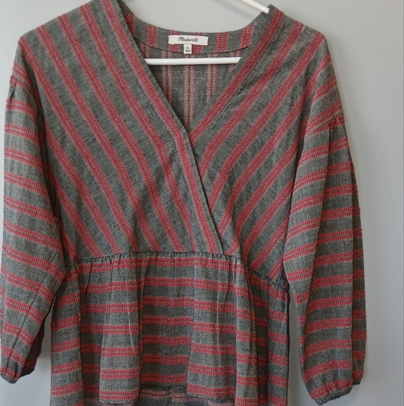 Madewell Peplum Bubble 3/4 Sleeve Crossover Top Size XS Red Gray - Picture 3 of 7